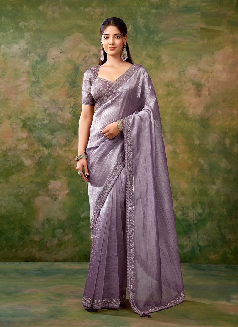 Purple Embroidered Tissue Organza Saree