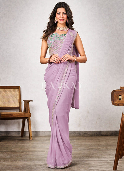 Lilac Purple Embroidered Party Wear Saree