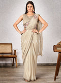 Ivory Beige Embroidered Party Wear Saree