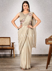 Ivory Beige Embroidered Party Wear Saree