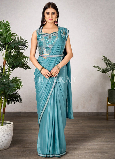 Aqua Blue Embroidered Party Wear Saree
