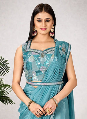 Aqua Blue Embroidered Party Wear Saree