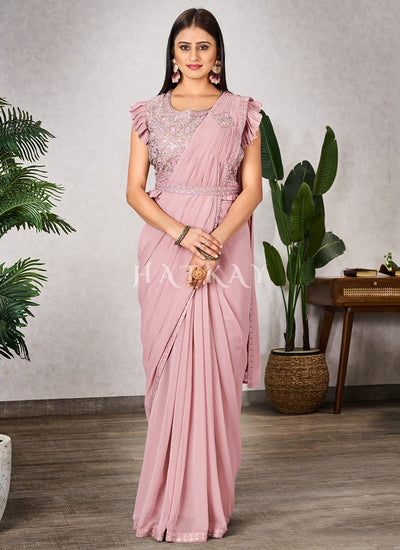 Pink Embroidered Party Wear Saree