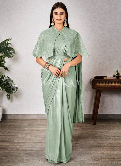 Sage Green Embroidered Party Wear Saree