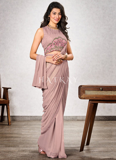 Rose Pink Embroidered Party Wear Saree