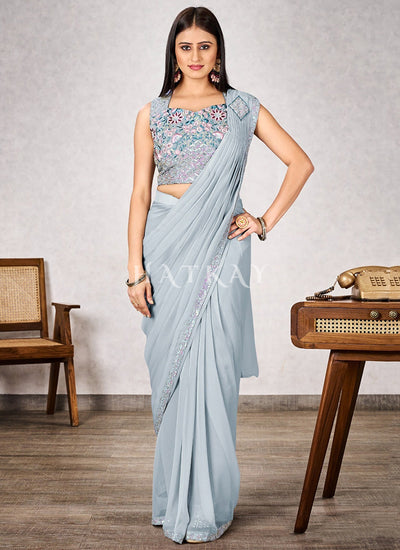 Mist Blue Embroidered Party Wear Saree