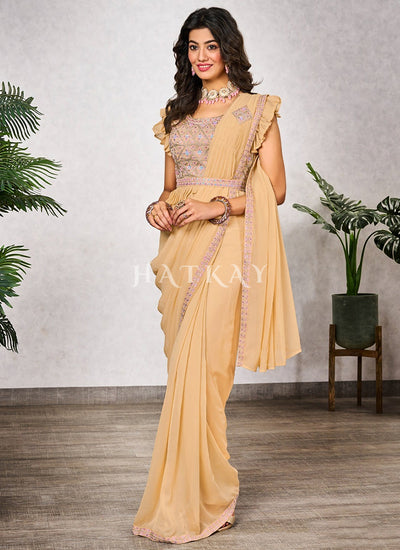 Yellow Embroidered Party Wear Saree
