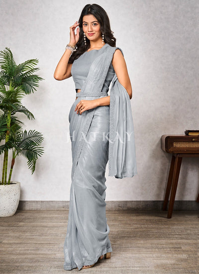 Light Grey Embroidered Party Wear Saree