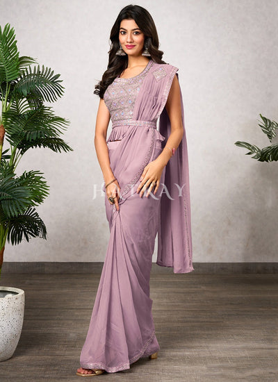 Lavender Embroidered Party Wear Saree