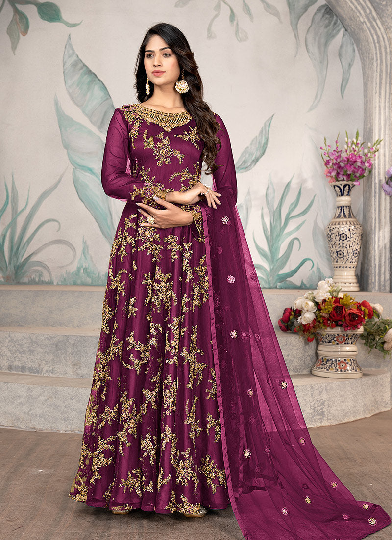 Wine Purple Cording Zari Embroidery Anarkali Suit