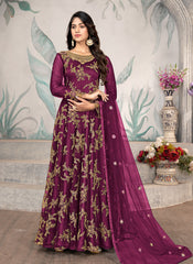 Wine Purple Cording Zari Embroidery Anarkali Suit