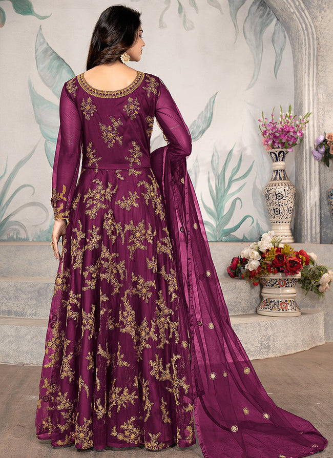 Wine Purple Cording Zari Embroidery Anarkali Suit In Usa uk 