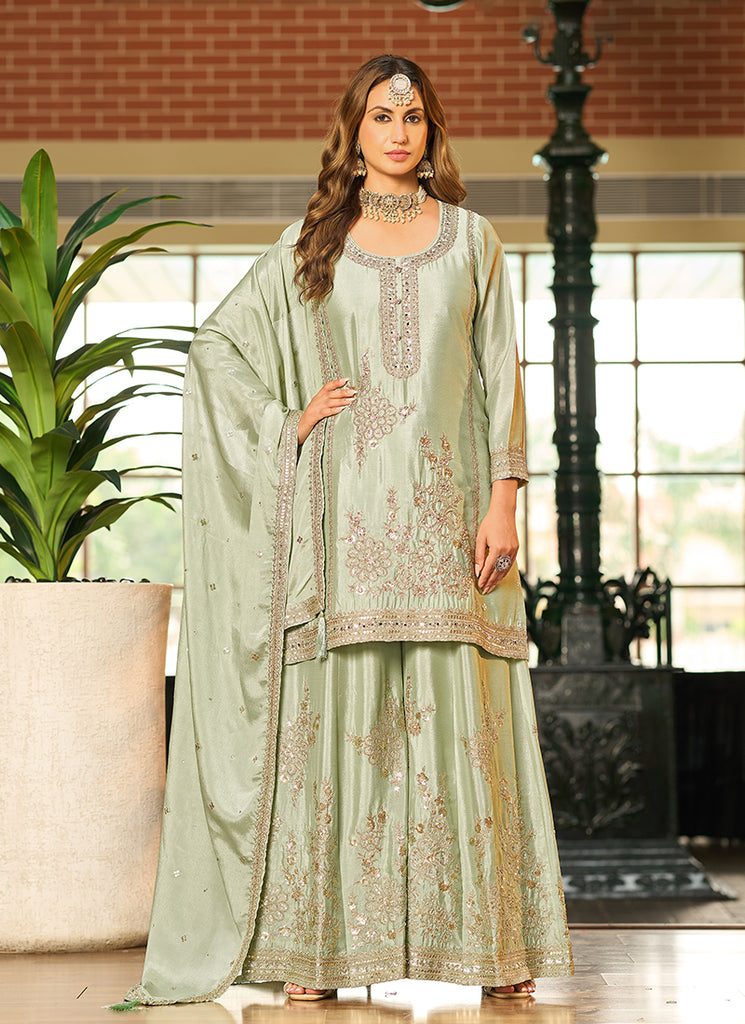 Sage Green Embroidered Chinnon Silk Palazzo Suit