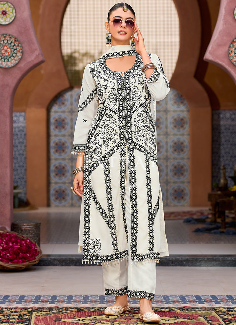 White Thread Embroidery Salwar Kameez Suit