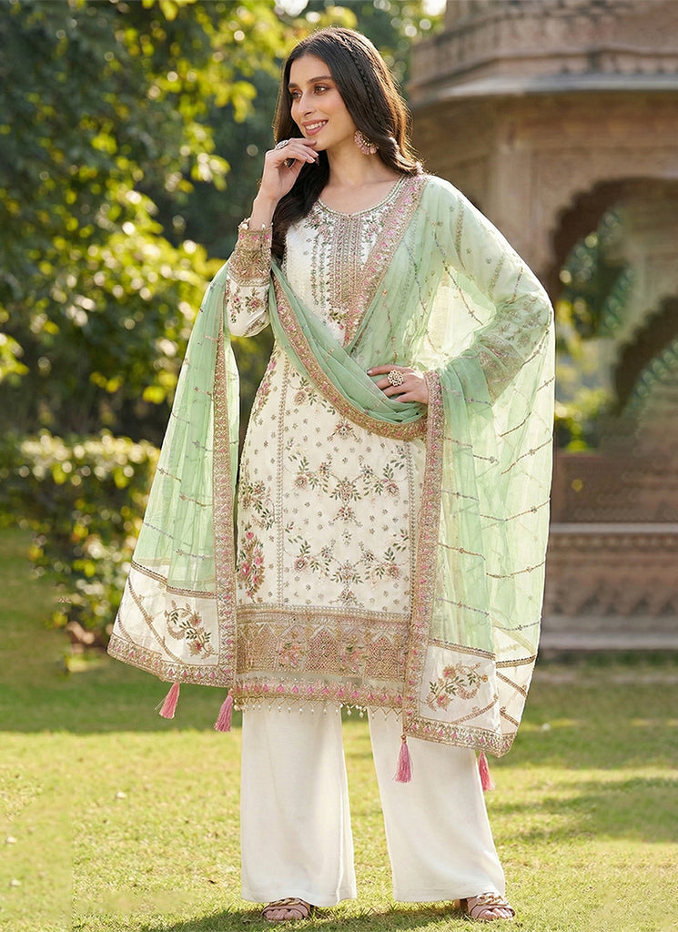 White and Green Multi Embroidery Salwar Kameez 