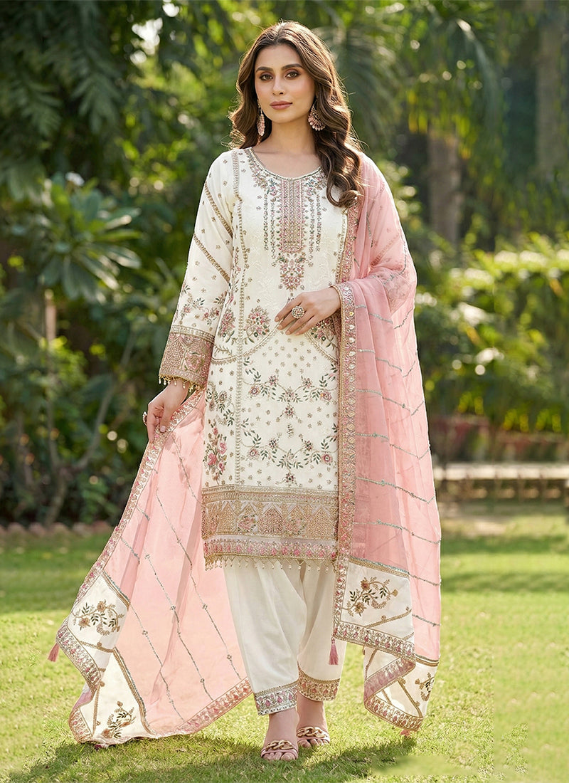 White and Peach Multi Embroidery Salwar Kameez