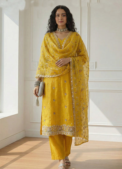 Yellow Embroidery Festive Pakistani Suit