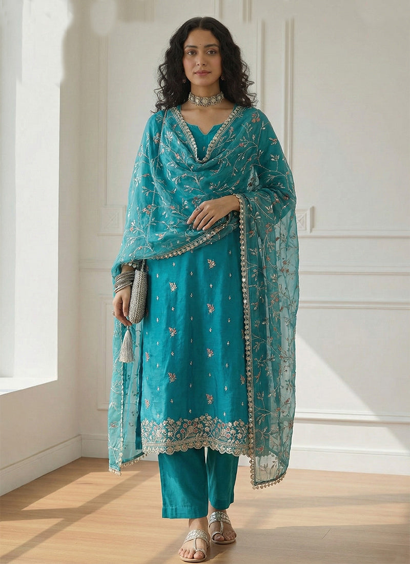 Turquoise Embroidery Festive Pakistani Suit