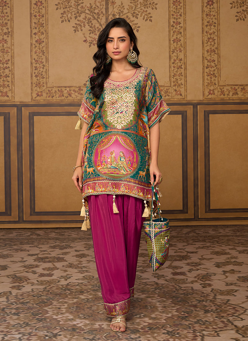 Teal and Pink Embroidered Poncho and Farshi Salwar Set

