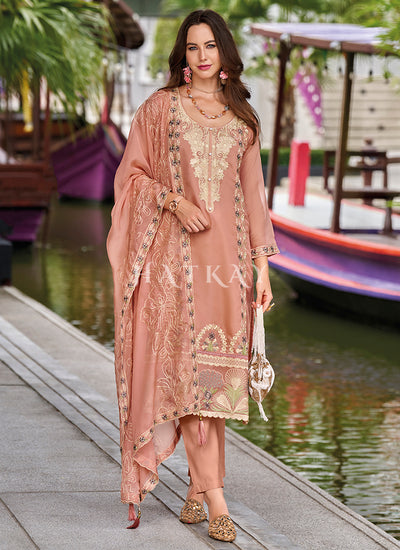 Peach Embroidered Organza Salwar Kameez Suit