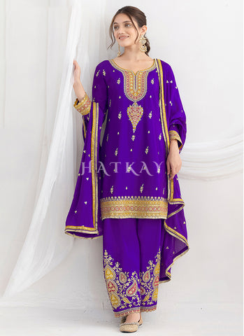 Violet Multi Embroidery Farshi Salwar Suit