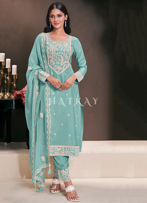 Aqua Blue Embroidered Pant Style Salwar Suit