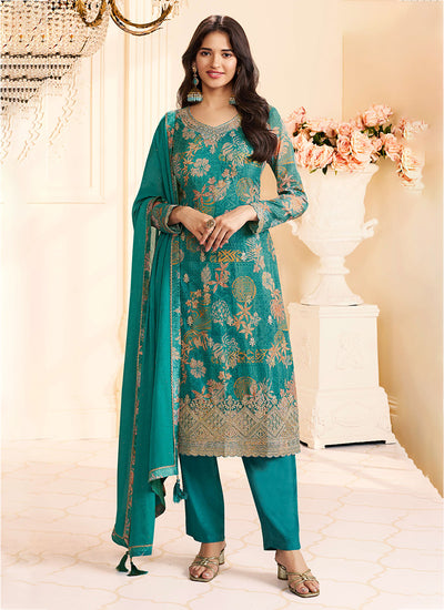 Shop Turquoise Floral Printed Salwar Suit