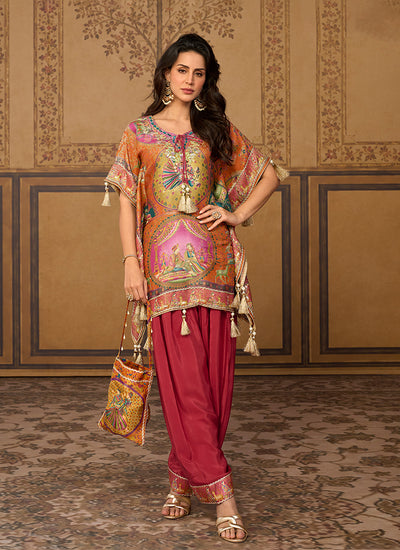 Rust Orange Embroidered Poncho and Farshi Salwar Set

