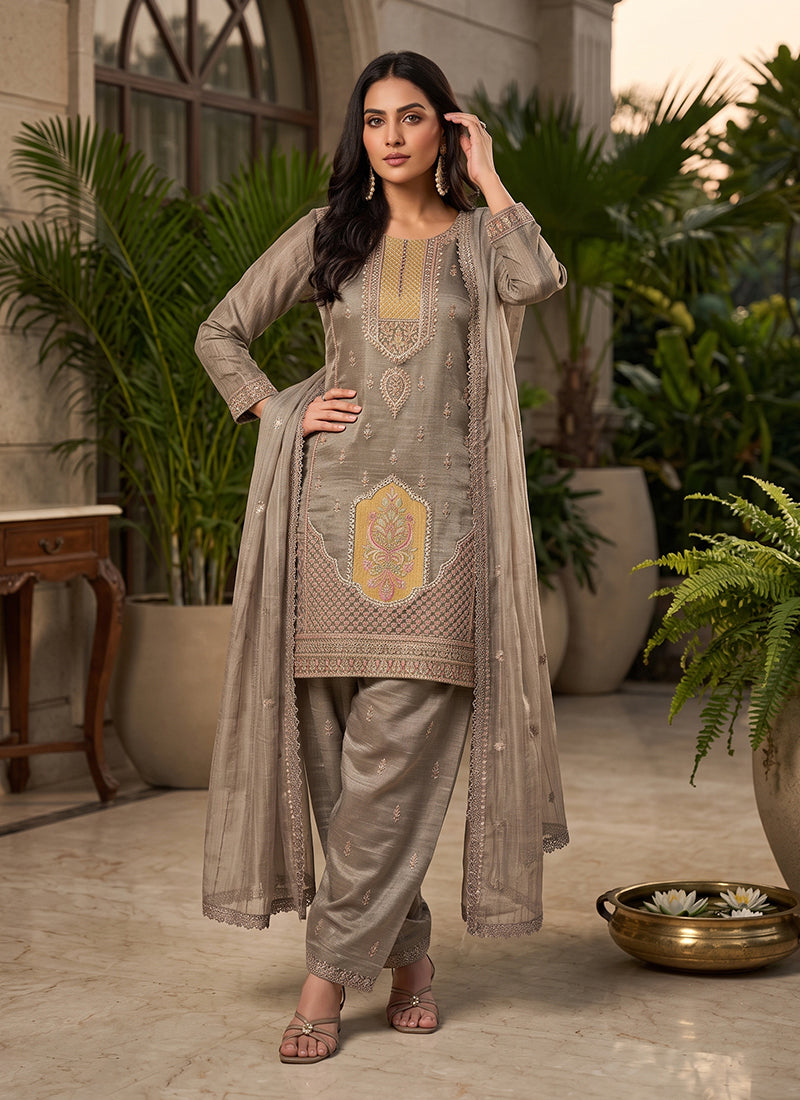 Taupe Grey Embroidered Salwar Kameez Suit