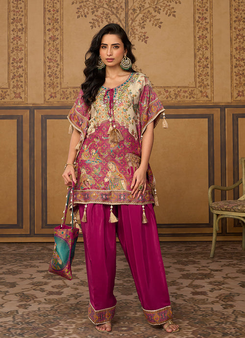 Rich Pink Embroidered Poncho And Farshi Salwar Set