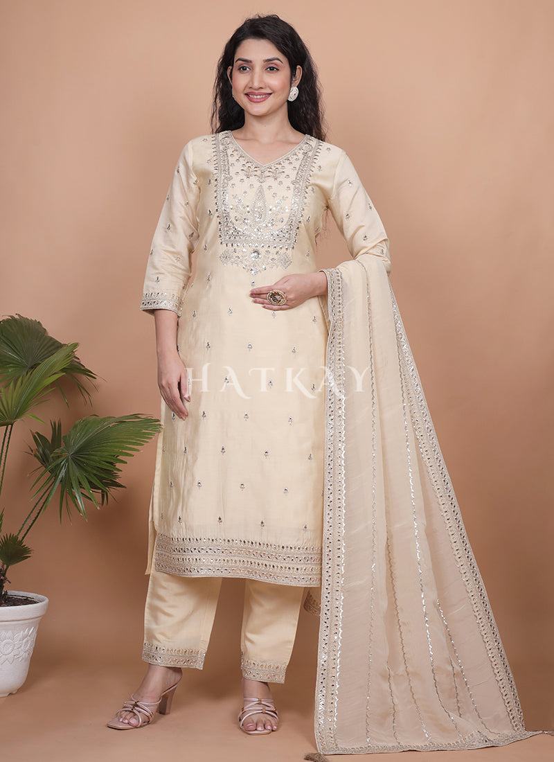 Ivory Beige Embroidery Silk Pant Style Salwar Suit