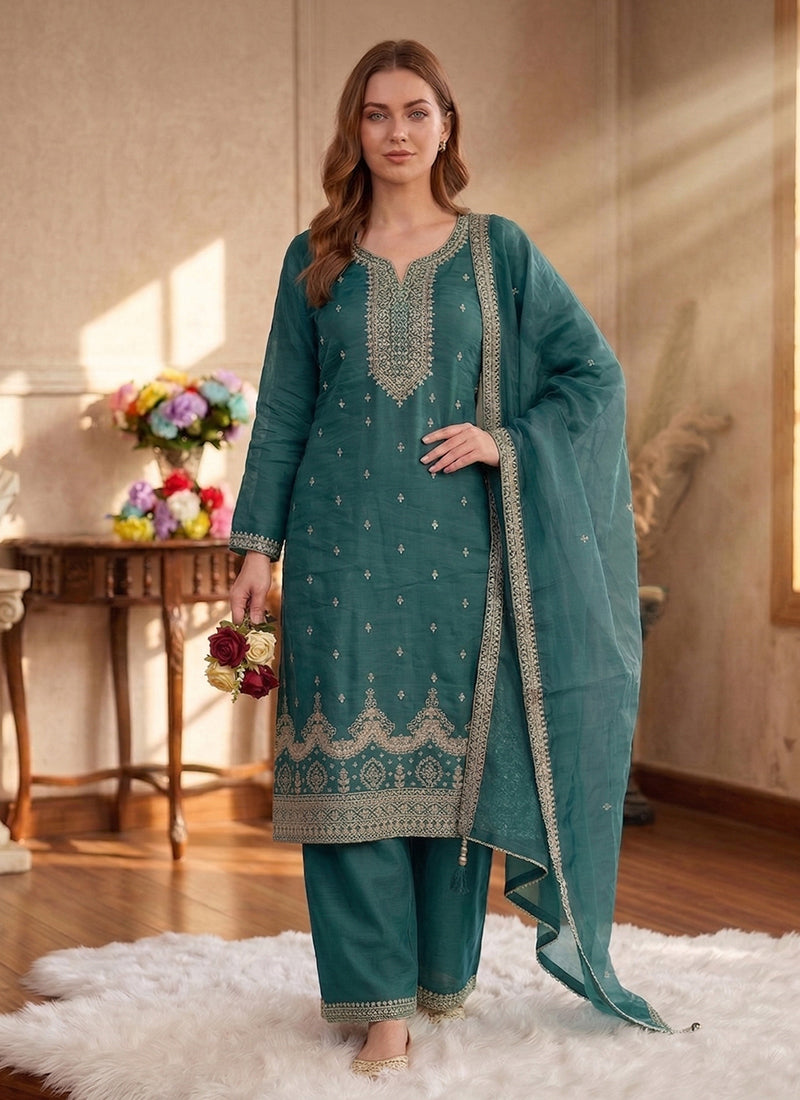 Teal Green Embroidered Straight Salwar Suit