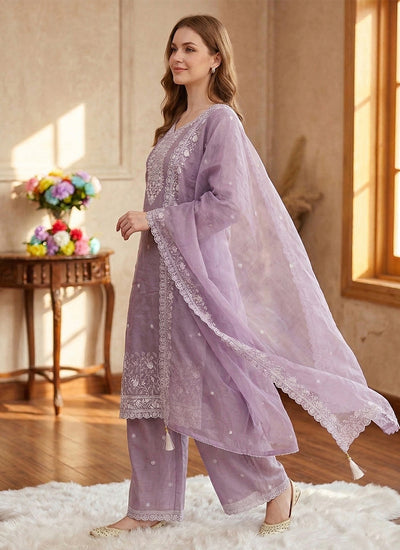 Lavender Embroidered Straight Salwar Suit