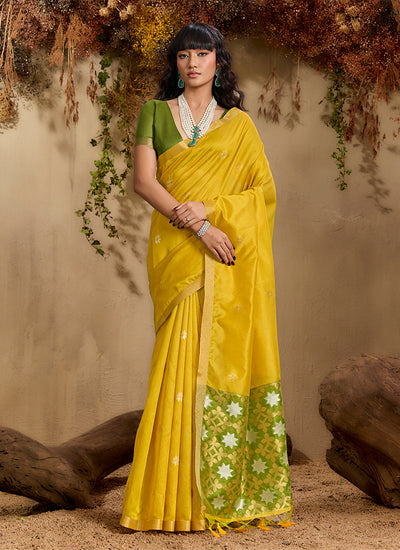 Yellow and Green Patola Silk Saree