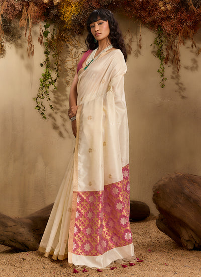 Cream and Red Patola Silk Saree