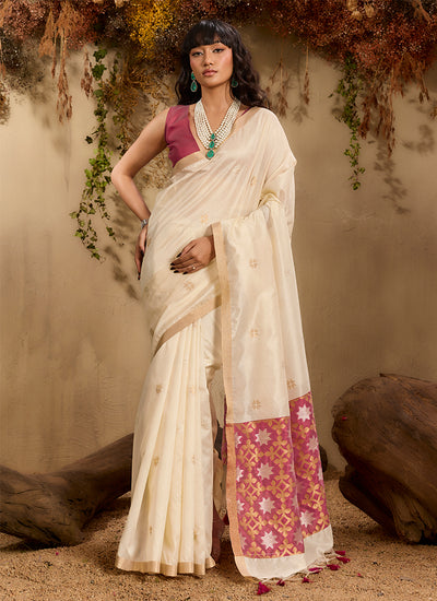 Cream and Red Patola Silk Saree