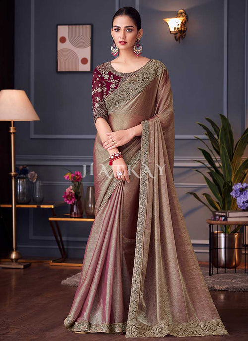 Copper Red Two Tone Embroidery Designer Saree