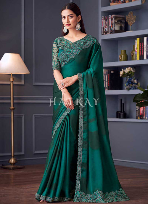 Dark Green Embroidery Designer Saree