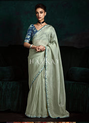 Pastel Green And Blue Handwork Tissue Silk Saree