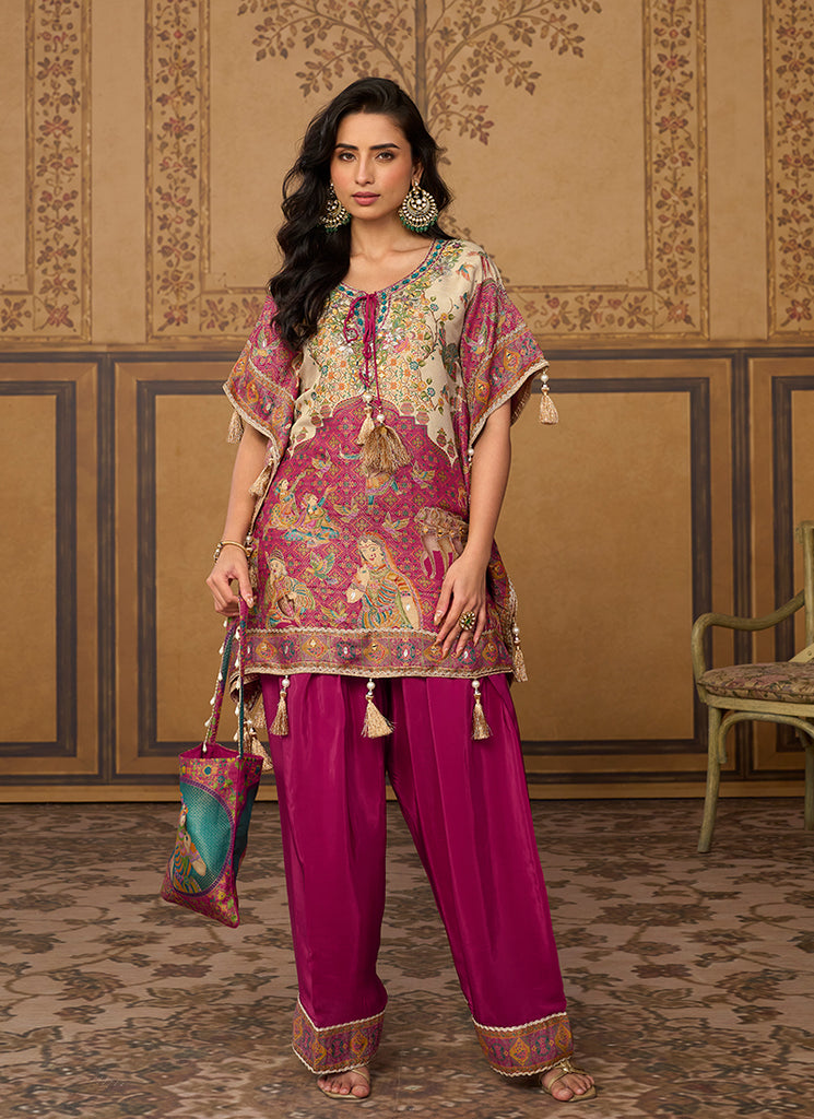 Rich Pink Embroidered Poncho And Farshi Salwar Set
