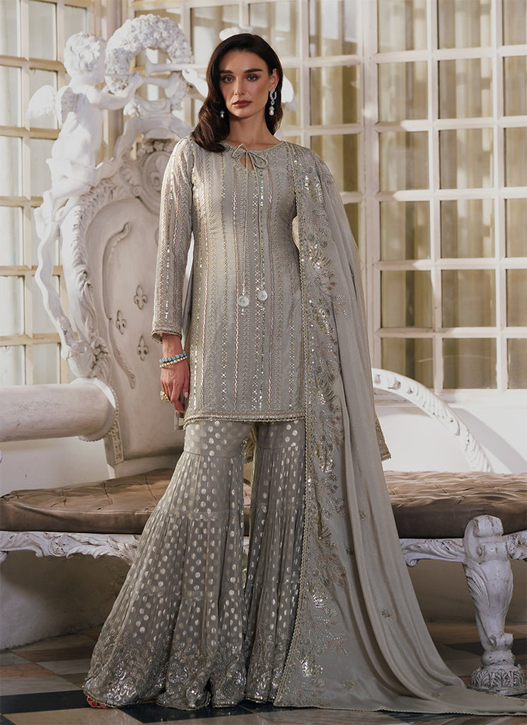 Shafaq – Silver Grey Gharara Set