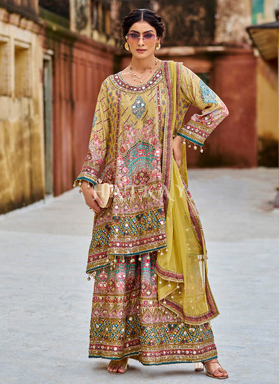 Yellow Multicolored Sharara Style Palazzo Suit