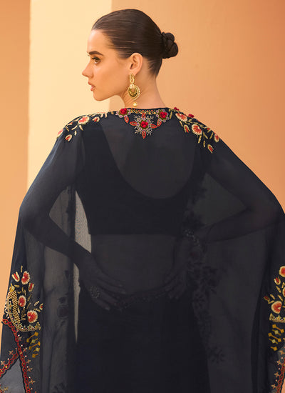 Dark Blue Multi Embroidery Cape Style Sharara Set