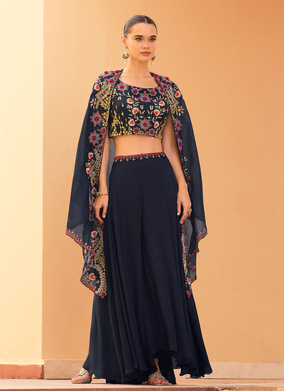 Dark Blue Multi Embroidery Cape Style Sharara Set