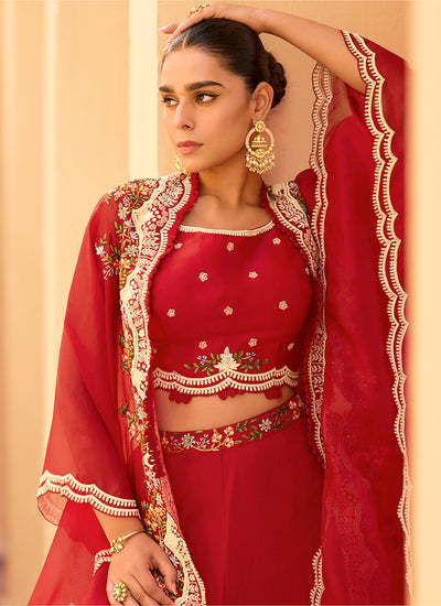 Crimson Red Multi Embroidery Cape Style Sharara Set