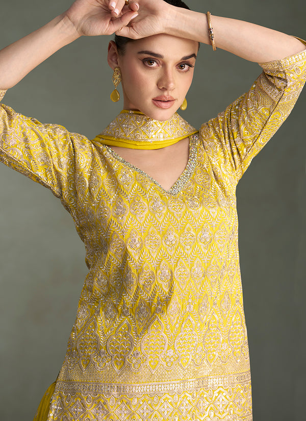 Yellow Embroidery Sharara Style Suit