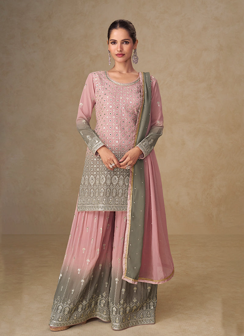 Pink Grey Ombré Embroidery Sharara Style Suit