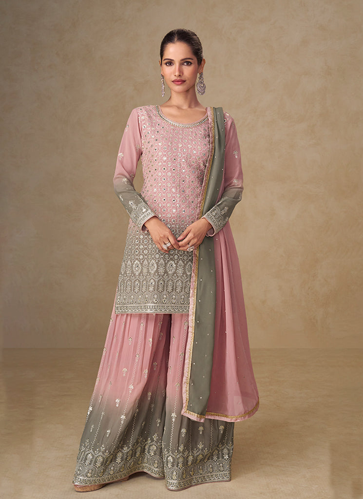 Pink Grey Ombré Embroidery Sharara Style Suit