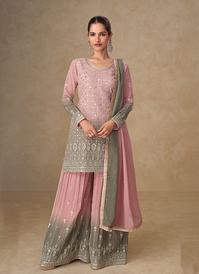 Pink Grey Ombré Embroidery Sharara Style Suit