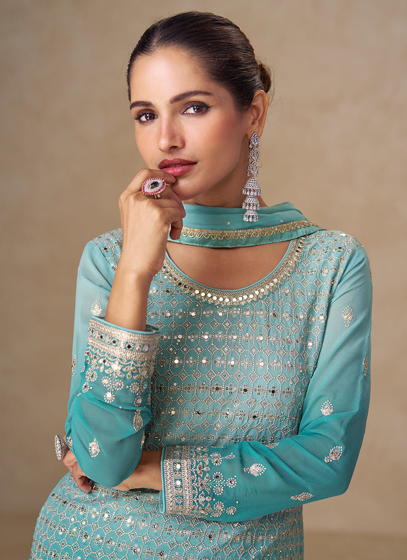 Buy Firozi Blue Sharara Style Suit In UK